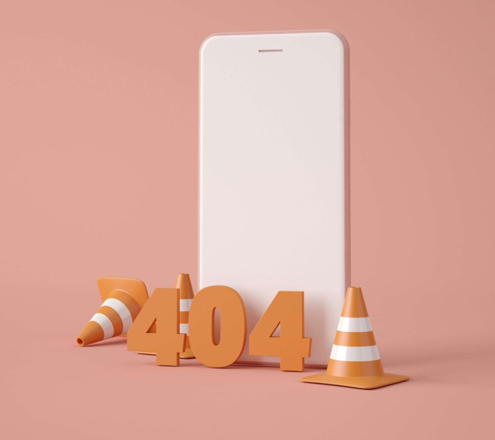 Maschsee Hannover - Ein Smartphone steht auf einem pfirsichfarbenen Hintergrund, umgeben von orangefarbenen Verkehrskegeln. Große orangefarbene Zahlen „404“ stehen davor und bedeuten einen Fehler oder die Meldung „Seite nicht gefunden“. - maschseefest