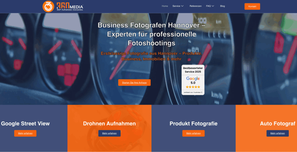 Maschsee Hannover - Eine Homepage für 360 Grad Medien, ein Fotogeschäft in Hannover, mit unscharfem Tachohintergrund, Navigationsmenü, Firmenlogo, Kontaktbutton, Servicekategorien und einem Google-Bewertungsbadge - ideal, wenn Sie Ihre Website erstellen lassen wollen. - maschseefest Hannover