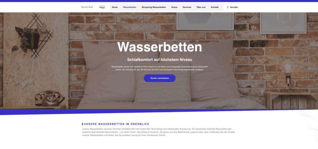 Maschsee Hannover - Ein Abschnitt der Website zeigt eine große Kopfzeile mit der Aufschrift "Wasserbetten" und eine Schaltfläche mit der Aufschrift "Termin vereinbaren". Der Hintergrund zeigt ein Bett, Kissen und eine Backsteinmauer. Möchten Sie eine Website erstellen lassen? Am oberen Rand erscheint ein Navigationsmenü. - maschseefest Hannover